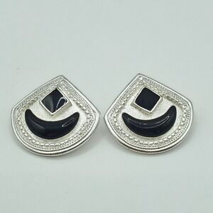 Vendome Womens Clip On Earrings Silver Tone Black Enamel Statement Retro Classic